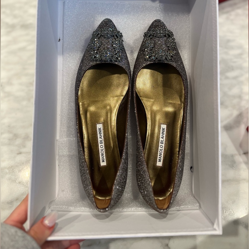 New Manolo Blahnik Gold Glitter Fabric Jewel Buckle Flat